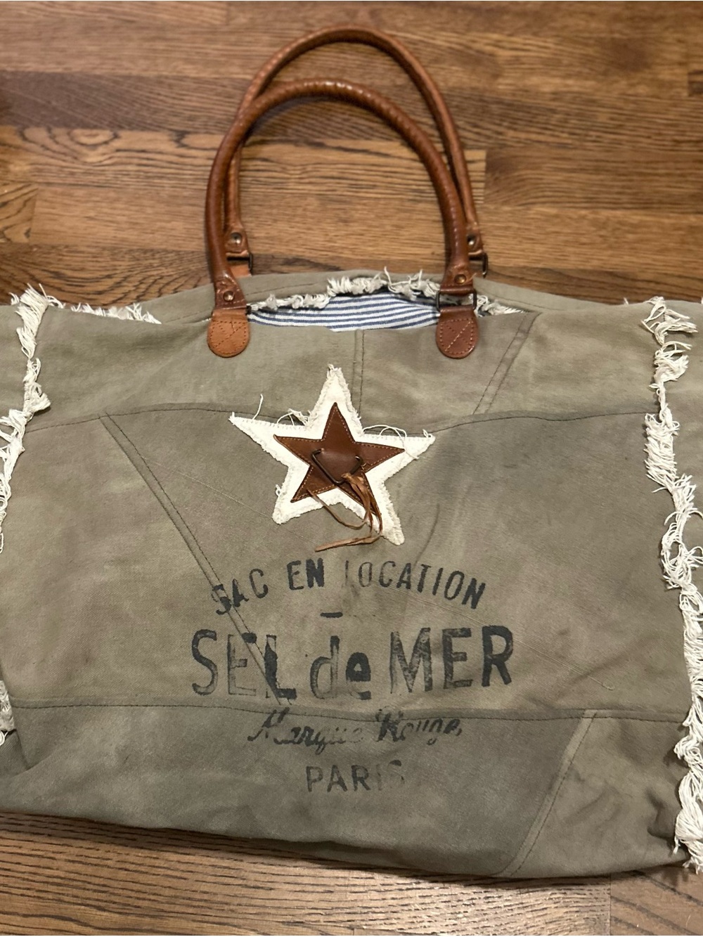 Myra Bag Olive Canvas weekend Tote with Fringe and Star Patch